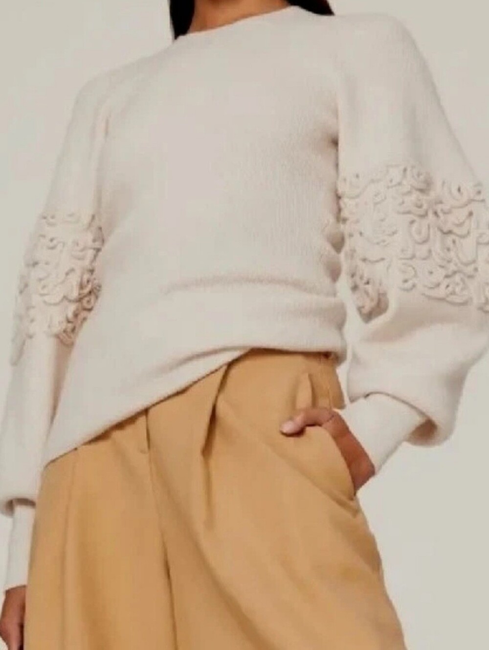 Rebecca Taylor Soutache Blouson Sleeve Ribbed Knit Sweater - Beige/Cream Size XS